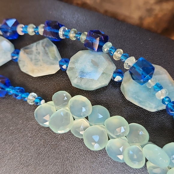 Triple strand stone and vintage glass Necklace in Blues - Picture 3 of 6